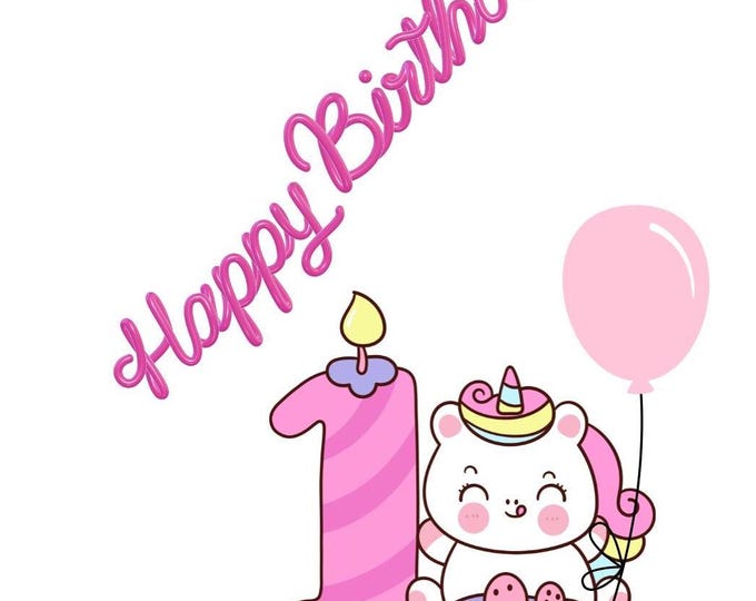 1st Birthday Card for Girl, Happy First Birthday Little One, Cute Unicorn with Balloon and Cake, Baby Girl Birthday Card, Special 1st B'day