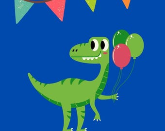 Dinosaur Birthday Card for Boy, Cute Dino with Balloons (Digital Download)