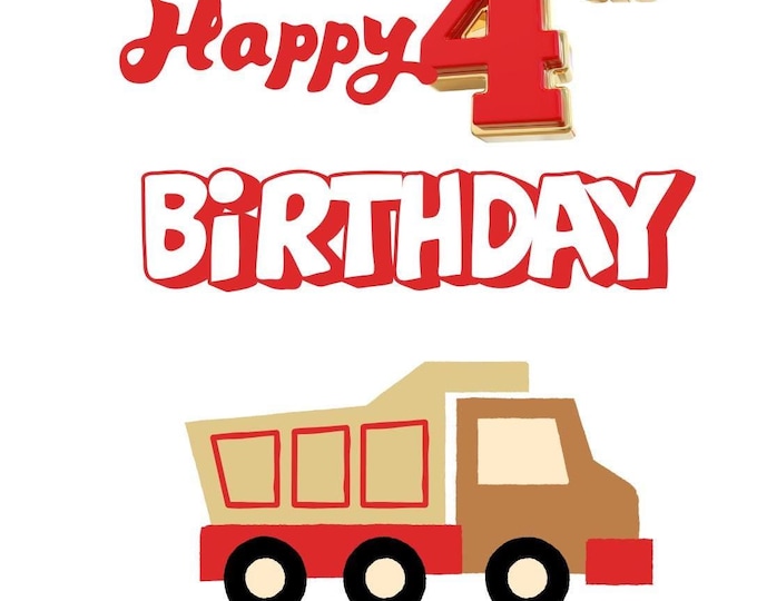 4th Birthday Card for Boy, Truck and Balloons Theme, Age 4 Birthday Card, Printable, Toddler Boy Birthday Card, Construction Party