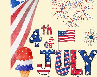 4th of July Independence Day Card, American Flag, Ice Cream and Stars, Happy Independence Day est. 1776, Land of the Free, Home of the Brave