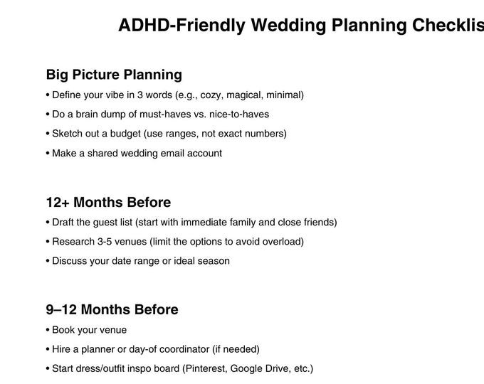ADHD-friendly wedding planning services, ADHD wedding planner, Printable ADHD wedding checklist, Adhd wedding checklist with deadlines