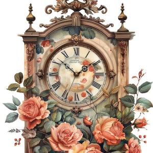 Reloj vintage con rosas y vegetación, arte floral romántico para pared, impresión digital de 16 x 20, decoración del hogar de estilo antiguo.