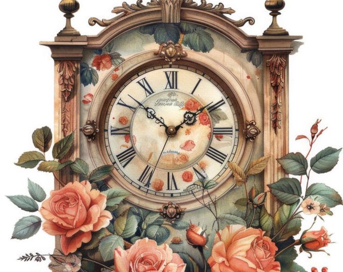 Vintage clock with roses and greenery, romantic floral wall art, 16x20 digital print, romantic floral wall art, antique-style home decor