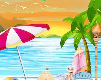 Welcome Beach Print - Coastal Wall Art with Chair, Umbrella, Sandcastle, Surfboard, Flip Flops, Tiki Torch, Starfish & Shells