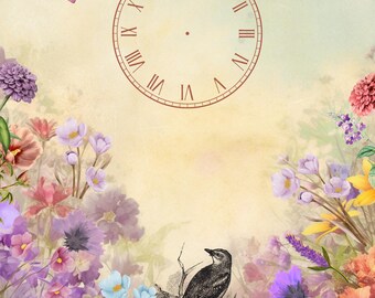 Vintage Butterfly, Bird, Clock, Floral Print, Antique Nature Collage Wall Art, Shabby Chic Botanical Decor