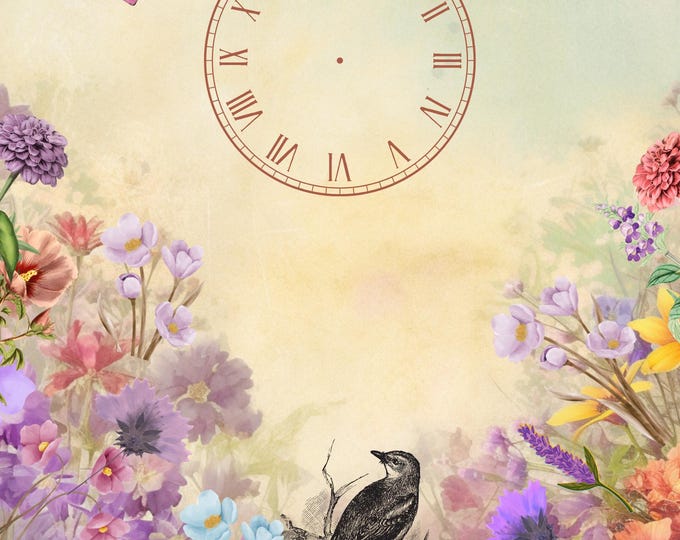 Vintage Butterfly, Bird, Clock, Floral Print, Antique Nature Collage Wall Art, Shabby Chic Botanical Decor