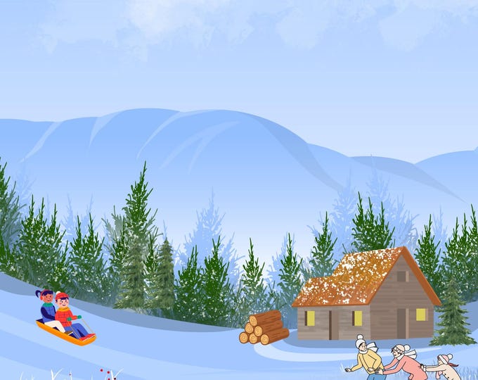 Cabin in the Snow, Winter Cabin Print 16x20, Snowy Landscape Wall Art with Sledders, Ice Skaters & Woodpile, Cozy Rustic Holiday Decor