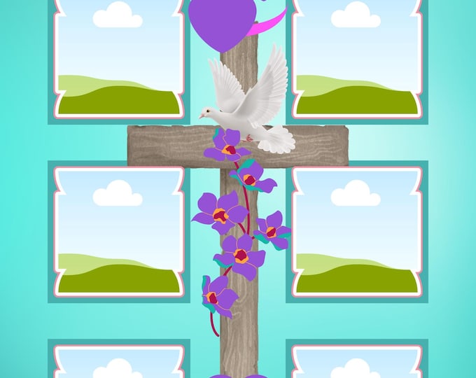 Christian Collage Art Print: Cross, Dove, Hearts & Flowers