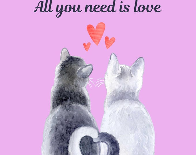 All You Need Is Love Cat Art Print, 2 Cats with Heart-Shaped Tails, 16x20 Wall Decor for Cat Lovers, Romantic Pet Lover Gift