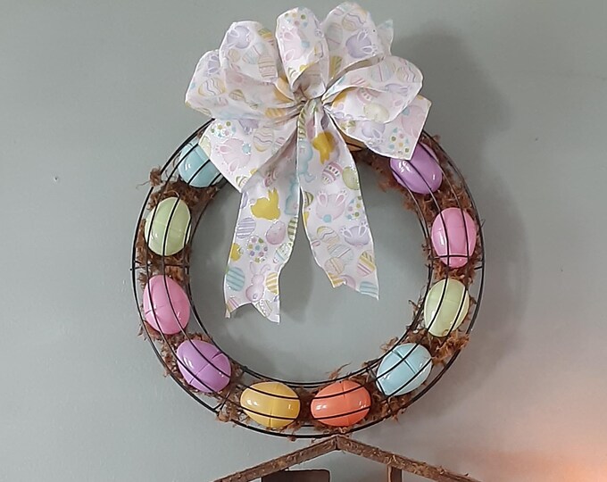 Plastic egg wreath for front door, colorful plastic egg wreath for spring, plastic egg wreath for classroom door decoration, spring wreath