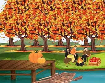 60x40 Fall Campfire Lake Print, Autumn Foliage Wall Art, Pumpkin Pier Scene, Rustic Cabin Decor, Boat, Apples & Leaves Falling