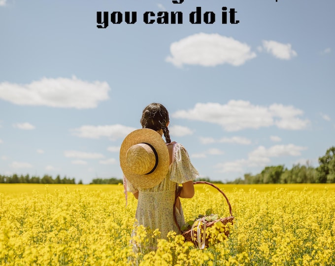 Yellow Flower Field Art Print, Girl with Basket Illustration, Inspirational Quote (Digital Download)