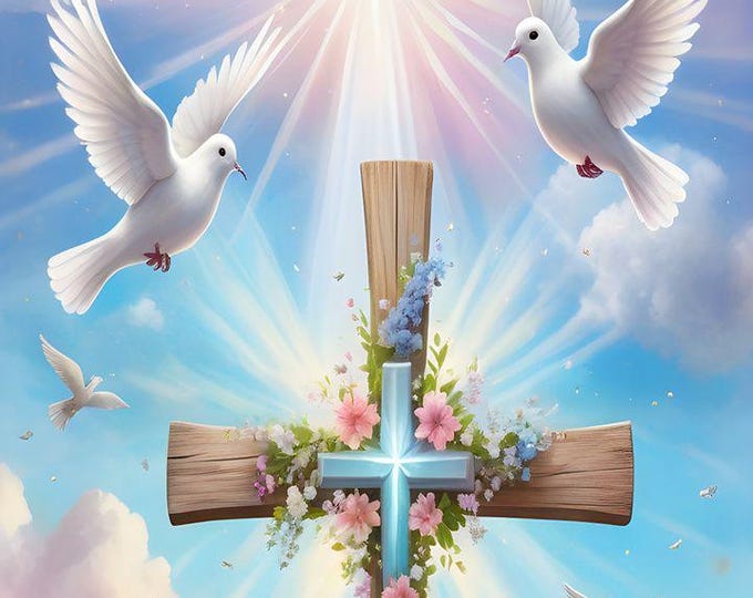 Sunlit wooden cross with doves and flowers, 16x20 Christian sky scene digital print, inspirational faith wall art, uplifting wall decor