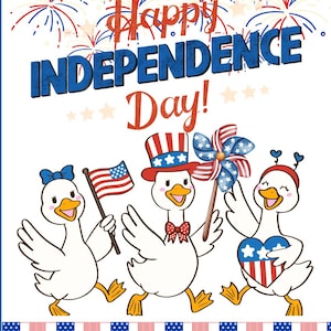 Carte patriotique du 4 juillet - Drapeau des États-Unis, feux d'artifice, aigle, canards, gnomes et crème glacée - Carte de voeux amusante pour le jour de l'indépendance