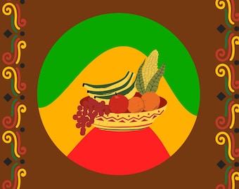 Basket of Fruit Wall Art Print 16x20 – Green Gold Red Afro-Inspired Decor – Swirl Frame Fruit Poster for Kitchen or Cultural Space