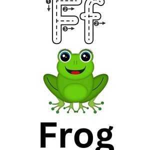 Puede incluir: Trazado de la letra F con flechas numeradas. Una rana de dibujos animados verde con ojos grandes y una amplia sonrisa está debajo de la letra. La palabra "Rana" está escrita en negro debajo de la rana.