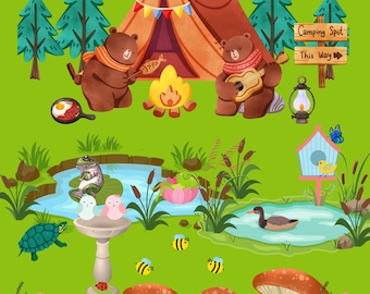 Whimsical Campsite Art Print, 16x20 Forest Tent Scene with Bears, Campfire, Ponds, Frogs, Ducks, Birds, and Flowers, Nature Nursery Wall Art