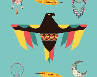 Native American Symbols Wall Art Print, 16x20 Bird, Feathers, and Dreamcatchers, Tribal Spiritual Decor, Indigenous Heritage Poster.