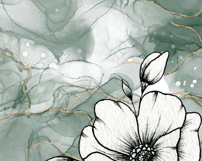 Aesthetic green marble backdrop featuring a large white flower, Minimalist green marble & bold white flower wall art, instant download print