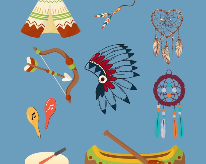 Native American Symbols Wall Art Print, 16x20 print, Teepee, Peace Pipe, Headdress, Dreamcatchers, Bow and Arrow, Drum and Canoe Decor