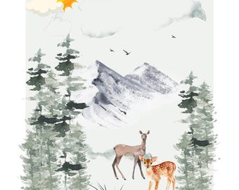 Forest Wall Art 16x20 | Mountain Landscape Print with Deer, Trees, Sun & Clouds | Rustic Nature Decor | Cabin or Woodland Nursery