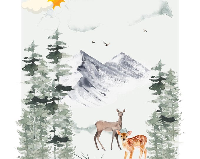 Forest Wall Art 16x20 | Mountain Landscape Print with Deer, Trees, Sun & Clouds | Rustic Nature Decor | Cabin or Woodland Nursery
