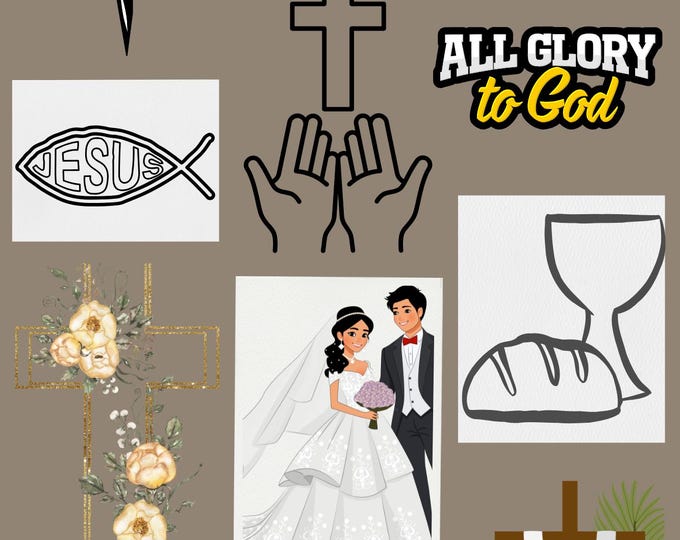 Christian Symbols Poster, All Glory to God Wall Art, Faith Decor with Cross, Bible, Dove, Ichthus, Empty Tomb, Inspirational Print