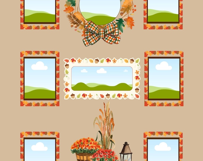 Fall Photo Collage Template: Autumn Hay Bale, Pumpkin, Leaf Wreath (16x20 Printable Wall Art)