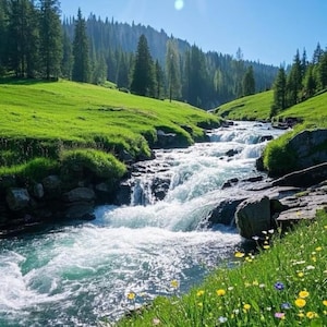 May include: A rushing river flows through a lush green valley, surrounded by a forest of tall evergreen trees. The water is clear and sparkling, and the sun is shining brightly in the sky. Wildflowers bloom along the riverbank, adding a splash of color to the scene.