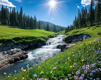 Babbling Brook Landscape Art Print, Lush Forest Stream, Blue Sky Nature Wall Decor