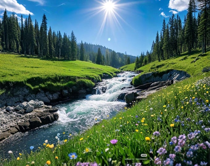 Babbling Brook Landscape Art Print, Lush Forest Stream, Blue Sky Nature Wall Decor