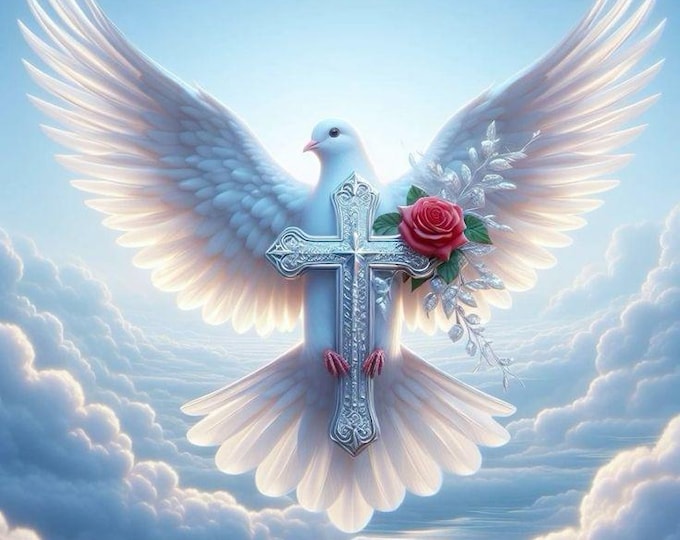 Dove with Cross and Rose, 16 x 20 inch digital download, Christian Wall Art, Inspirational Religious Decor, Dove Aesthetic