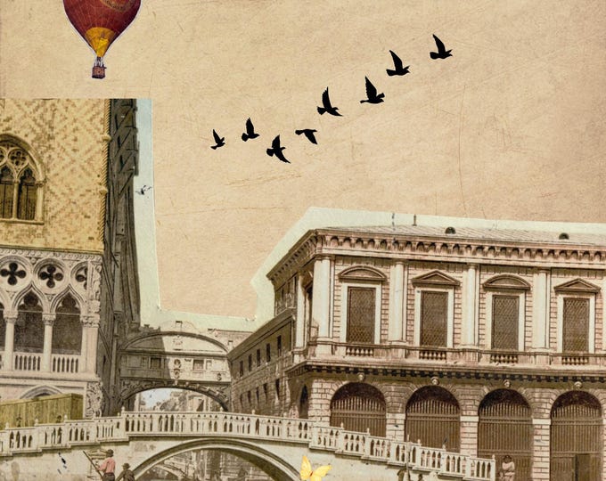 Vintage Cityscape Art Print, 16x20 Antique Architecture Wall Art with Bridge, Boats, Swans, Sky Travel Scene, Hot Air Balloon and Airplane