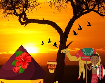 African Sunset Art Print, Warm Tribal Landscape Print, 16x20 Wall Decor with Camel, Small Fire, Bowl of Flowers, Birds and Clay Vase,