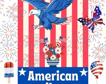 American Vibes 16x20 Wall Art Print, USA Flag. Bald Eagle, Fireworks, Butterfly, Cupcakes, Ice Cream,  Balloons, Patriotic 4th of July Art