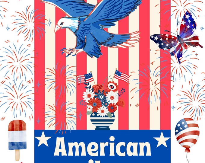 American Vibes 16x20 Wall Art Print, USA Flag. Bald Eagle, Fireworks, Butterfly, Cupcakes, Ice Cream,  Balloons, Patriotic 4th of July Art
