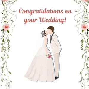 Tarjeta de boda con arco floral, pareja bajo el arco, "Estamos muy felices por ustedes dos", tarjeta de buenos deseos para recién casados, felicitaciones