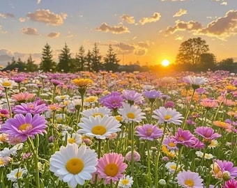 Blooming daisy field, countryside floral artwork, floral art for home decor, botanical nature wall art print, wildflower field print