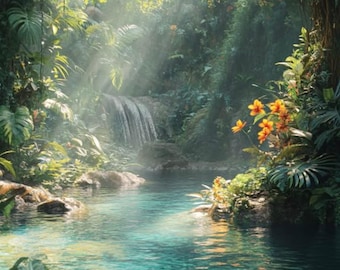 Tropical Jungle Print: Green Foliage, Lilies, Sunlight (Digital Download)