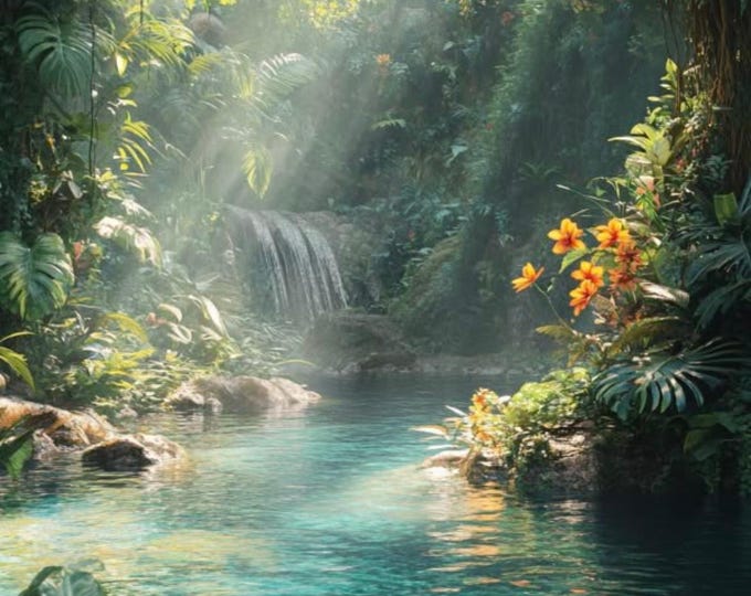 Lush Green Foliage with Lilies and Sunlight shining on the Water, Tropical Nature Scene Print, Jungle Wall Art, digital download, frameable