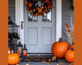 Autumn Front Porch Print – Pumpkins, Lanterns & Wreath (18x24)