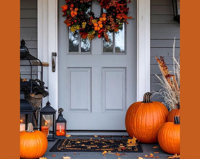 Fall Front Porch Print – 18x24 Autumn Door Decor with Pumpkins, Lanterns & Wreath, Cozy Seasonal Wall Art, Rustic Fall Home Decor