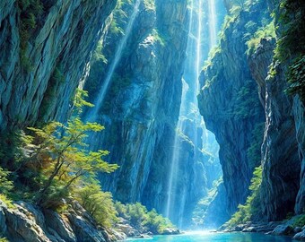 Sunbeam Cavern Wall Art, Digital Download with Rays of Sunshine Shining into Cave Over Water, Mystical Nature Landscape Printable
