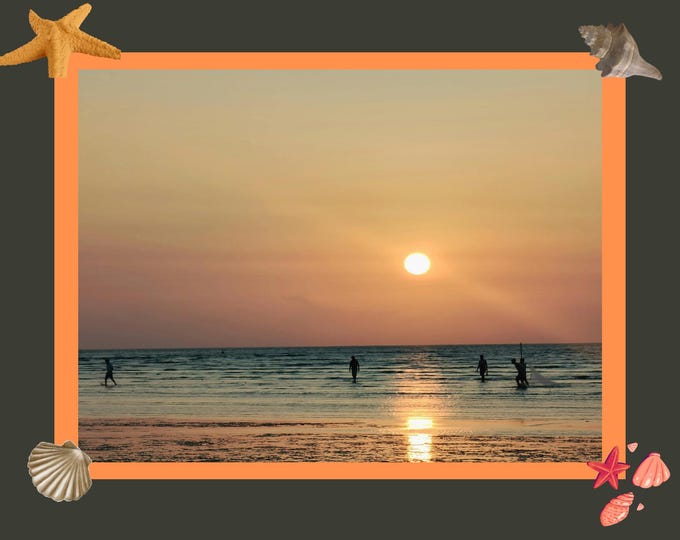 Beautiful Sunset Beach 8.5" x 11" Wall Art with People in the Water, Warm toned Decor, Serene Beach Landscape Art, Ocean Digital Download