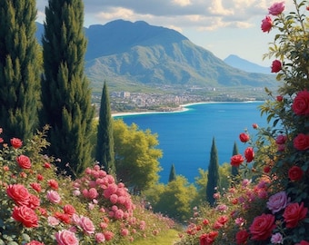 Valley View Landscape Print, Lush Greenery with Pink Flowers, Lake and Mountain Backdrop, Scenic Nature Digital Download Wall Art