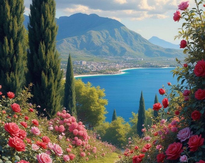 Valley View Landscape Print, Lush Greenery with Pink Flowers, Lake and Mountain Backdrop, Scenic Nature Digital Download Wall Art