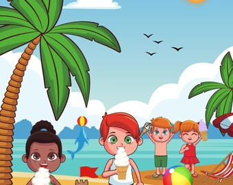 Beach Scene with Kids Eating Ice Cream, Dolphin, Crab & Toys, Whimsical Summer Wall Art, Coastal Nursery Decor, Ocean Playtime Print