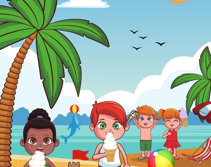 Beach Scene with Kids Eating Ice Cream, Dolphin, Crab & Toys, Whimsical Summer Wall Art, Coastal Nursery Decor, Ocean Playtime Print