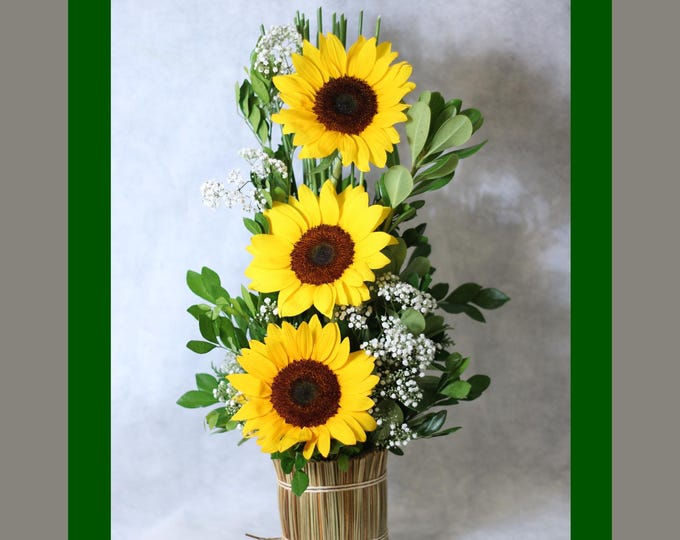 Sunflower Vase Wall Art Set of 3, Botanical prints, Rustic farmhouse kitchen decor, Yellow floral printable artwork, digital download