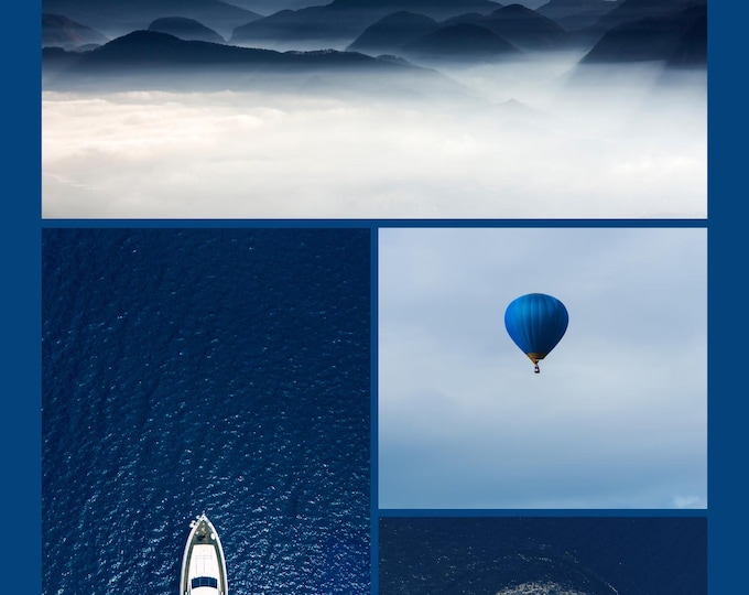 Mountain Ocean Hot Air Balloon Print – 6x8 Scenic Wall Art, Nature Landscape Illustration, Adventure Travel Decor, Boat and Sky Poster